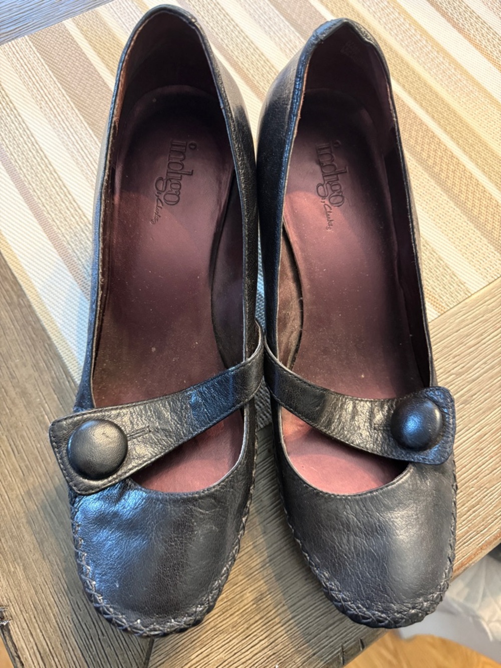 Clarks Black Leather Mary Jane Flats with Button Strap